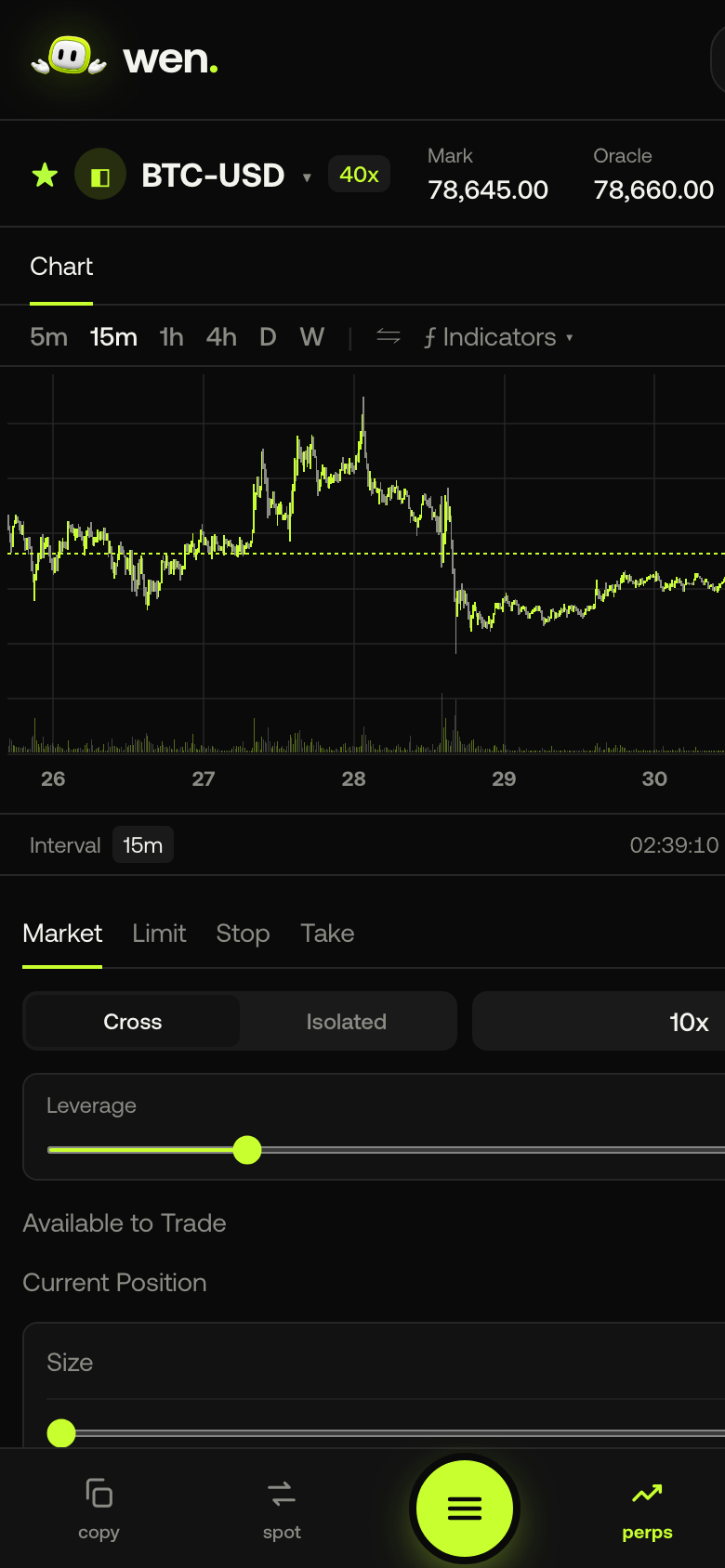 wen perpetuals trading screen with a live BTC-USD chart