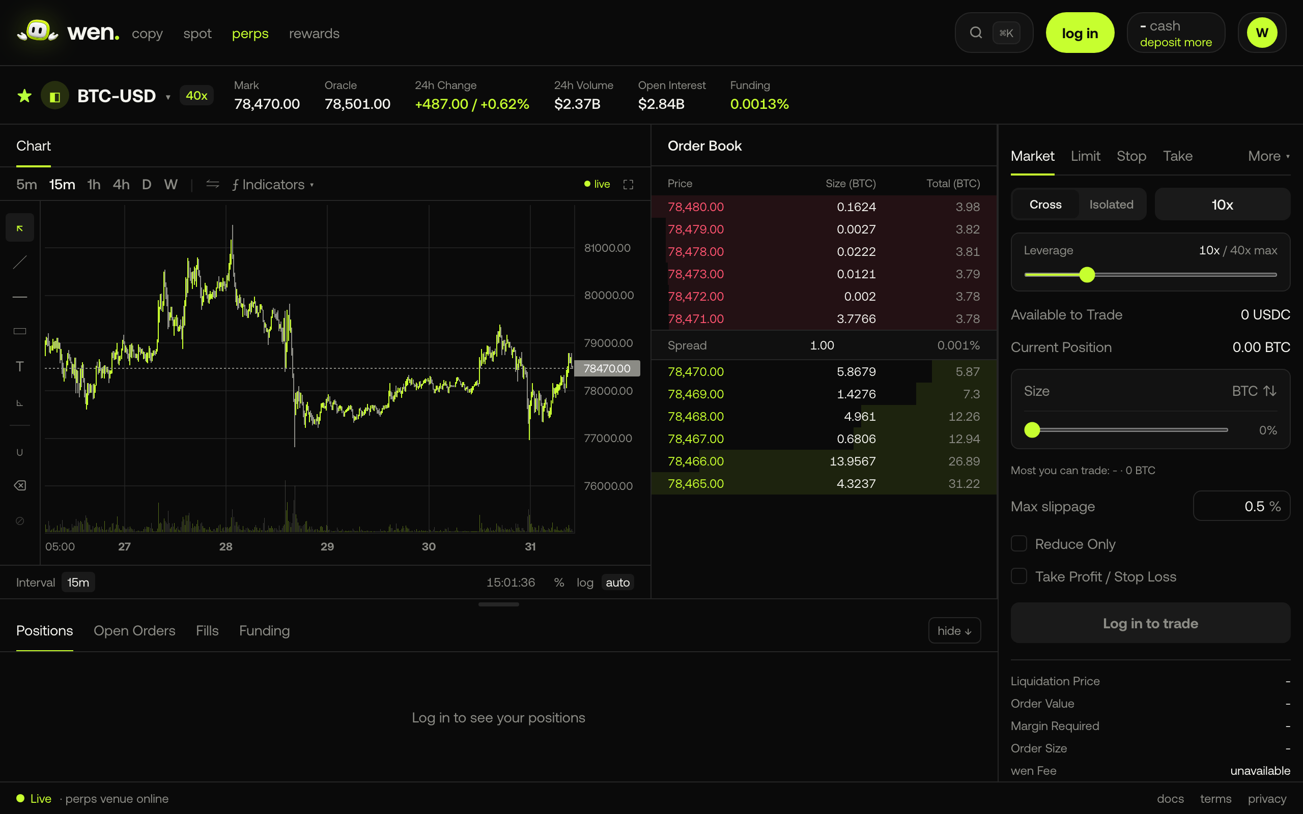 wen perpetuals trading screen with a live BTC-USD chart