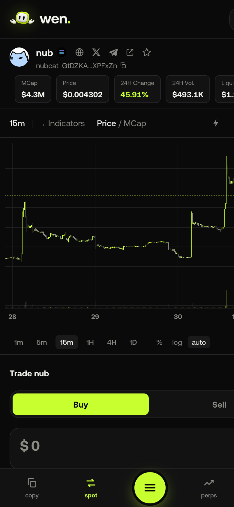wen spot trading screen with a live token chart