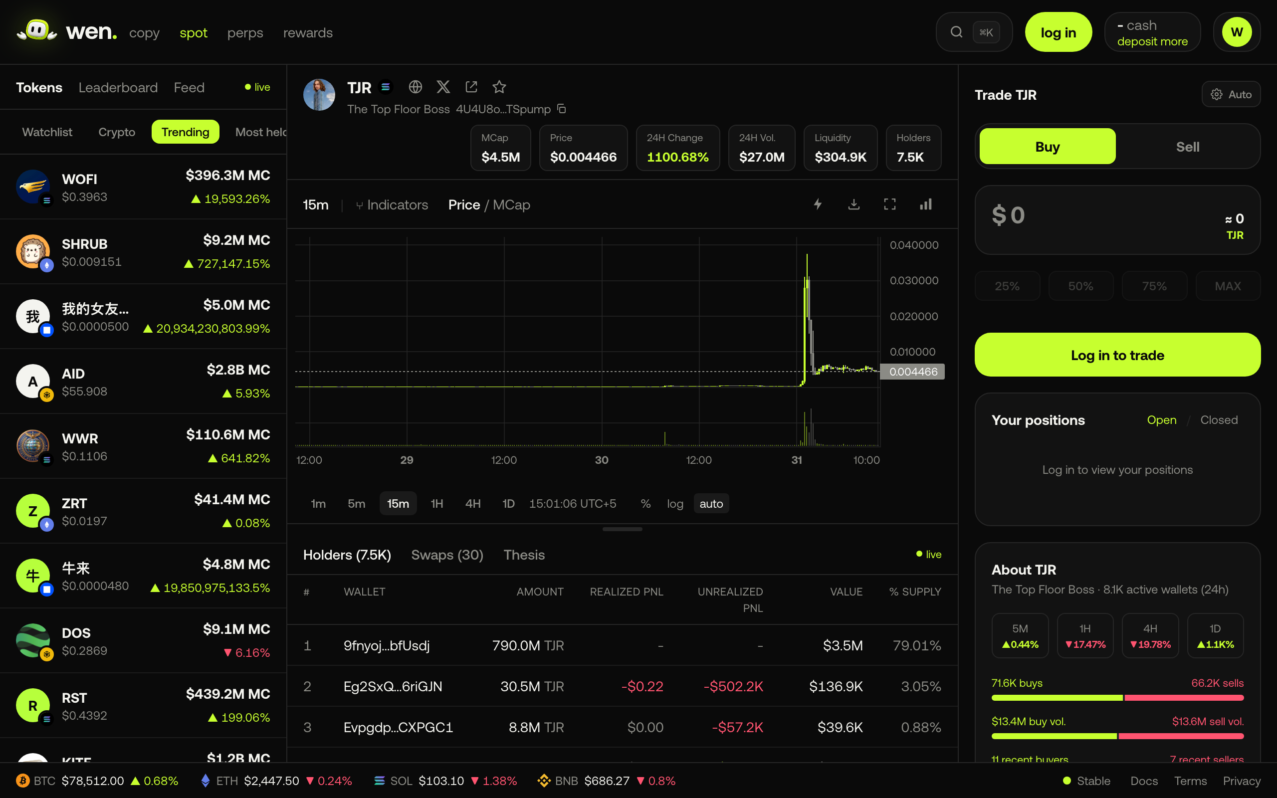 wen spot trading screen with a live token chart